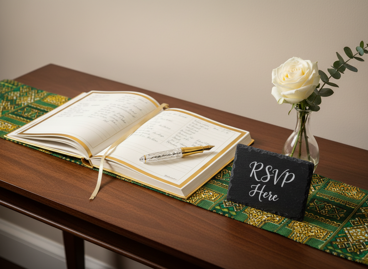 A beautifully styled RSVP desk vignette for Felix & Nina’s traditional wedding, featuring an open, cream-colored guestbook with gold-edged pages, a crystal fountain pen resting diagonally, and a small slate sign reading “RSVP Here” in elegant calligraphy. The items sit on a smooth, dark walnut console table adorned with a narrow strip of green and gold African print fabric. A delicate glass vase holds a single white rose and eucalyptus sprigs. Soft studio lighting from the left creates refined highlights and gentle shadows, giving depth to the textures. The mood is inviting and organized, suggesting careful planning. Photographic realism with a slightly elevated angle and balanced composition, capturing every detail in sharp focus against a subtly blurred, neutral wall.