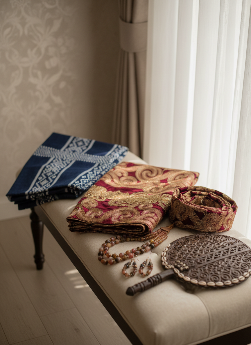 A refined display of traditional Cameroonian wedding attire without mannequins, carefully arranged on a low, upholstered bench. A folded, richly woven ndop cloth in deep indigo and white geometric patterns lies beside a delicately embroidered gold and burgundy wrapper, with matching head-ties artfully draped to show their sheen. Beaded jewelry and an ornate, hand-carved wooden fan are placed in the foreground. Soft afternoon light filters through sheer curtains, grazing the fabrics, enhancing their luxurious textures and casting gentle shadows. The mood is reverent and sophisticated, highlighting cultural heritage. Photographic realism with a three-quarter angle, using the rule of thirds to balance the arrangement, and a shallow depth of field that keeps the textiles sharp while the neutral-toned room fades into a creamy blur.