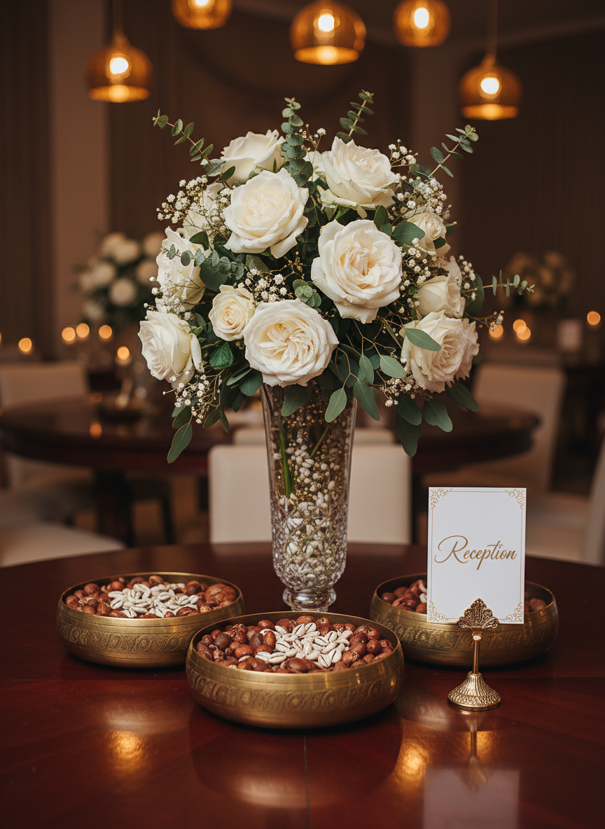 A close-up of an opulent Cameroonian traditional wedding centerpiece displayed on a polished dark wood table. A tall, clear glass vase holds lush white and cream roses, sprinkled with eucalyptus and golden baby’s breath, surrounded by intricately engraved brass bowls filled with kola nuts and cowrie shells. A refined table number card labeled “Reception” stands upright in an ornate gold holder. Warm, golden pendant lighting from above casts a soft glow, creating delicate reflections on the brass and glass surfaces. The atmosphere is luxurious yet intimate, evoking a high-end celebration. Photographic realism, eye-level composition, with a softly blurred background hinting at additional decorated tables, enhancing depth and sophistication.