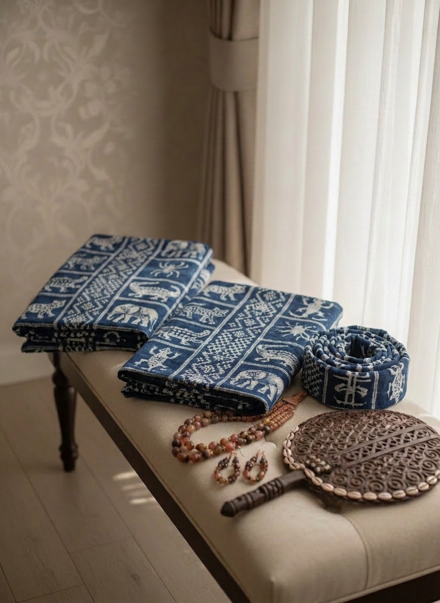 A refined display of traditional Cameroonian wedding attire without mannequins, carefully arranged on a low, upholstered bench. A folded, richly woven ndop cloth in deep indigo and white geometric patterns lies beside a delicately embroidered gold and burgundy wrapper, with matching head-ties artfully draped to show their sheen. Beaded jewelry and an ornate, hand-carved wooden fan are placed in the foreground. Soft afternoon light filters through sheer curtains, grazing the fabrics, enhancing their luxurious textures and casting gentle shadows. The mood is reverent and sophisticated, highlighting cultural heritage. Photographic realism with a three-quarter angle, using the rule of thirds to balance the arrangement, and a shallow depth of field that keeps the textiles sharp while the neutral-toned room fades into a creamy blur.