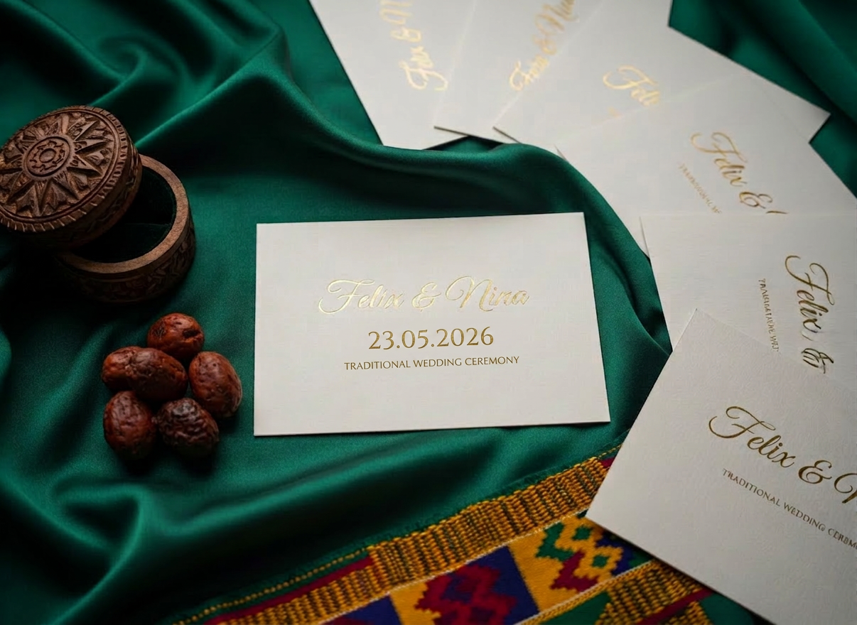 An elegant flat lay of Cameroonian traditional wedding invitation cards, printed on thick ivory cardstock with embossed gold lettering reading “Felix & Nina.” The invitations are arranged on a deep emerald silk fabric, beside a carved wooden ring box, kola nuts, and a strip of richly patterned kente-inspired cloth. Soft, diffused daylight from a nearby window creates gentle highlights on the metallic foil and subtle shadows in the fabric folds. The mood is sophisticated and ceremonial, suggesting an exclusive event. Photographic realism with a clean, modern composition shot from directly above, using a shallow depth of field so the central card is in crisp focus while the surrounding cultural elements blur softly into the background.