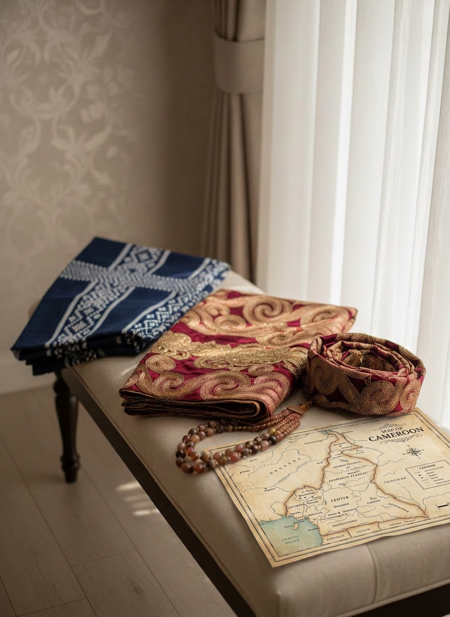 A refined display of traditional Cameroonian wedding attire without mannequins, carefully arranged on a low, upholstered bench. A folded, richly woven ndop cloth in deep indigo and white geometric patterns lies beside a delicately embroidered gold and burgundy wrapper, with matching head-ties artfully draped to show their sheen. Beaded jewelry and an ornate, hand-carved wooden fan are placed in the foreground. Soft afternoon light filters through sheer curtains, grazing the fabrics, enhancing their luxurious textures and casting gentle shadows. The mood is reverent and sophisticated, highlighting cultural heritage. Photographic realism with a three-quarter angle, using the rule of thirds to balance the arrangement, and a shallow depth of field that keeps the textiles sharp while the neutral-toned room fades into a creamy blur.